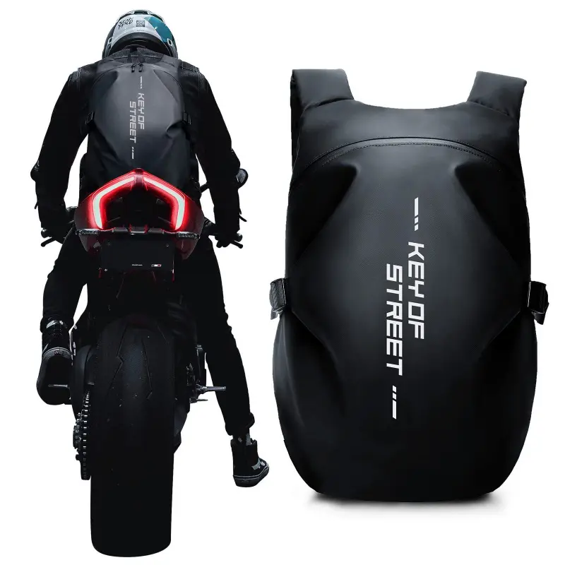 Motorcycle Backpack - Waterproof Heavy-Duty Cloth, Reflective Safety Design, Comfortable & Ergonomic Back Panel, Padded Shoulder Straps, Spacious Interior, Helmet-Fit Built-In Compartment, Travel & Cycling Riders Bag