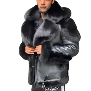 Winter Men Faux Leather Jacket Hooded with Large Fur Collar Warm Lined Menswear Coats Long Sleeve Plain Black Beige Tops CasualGift