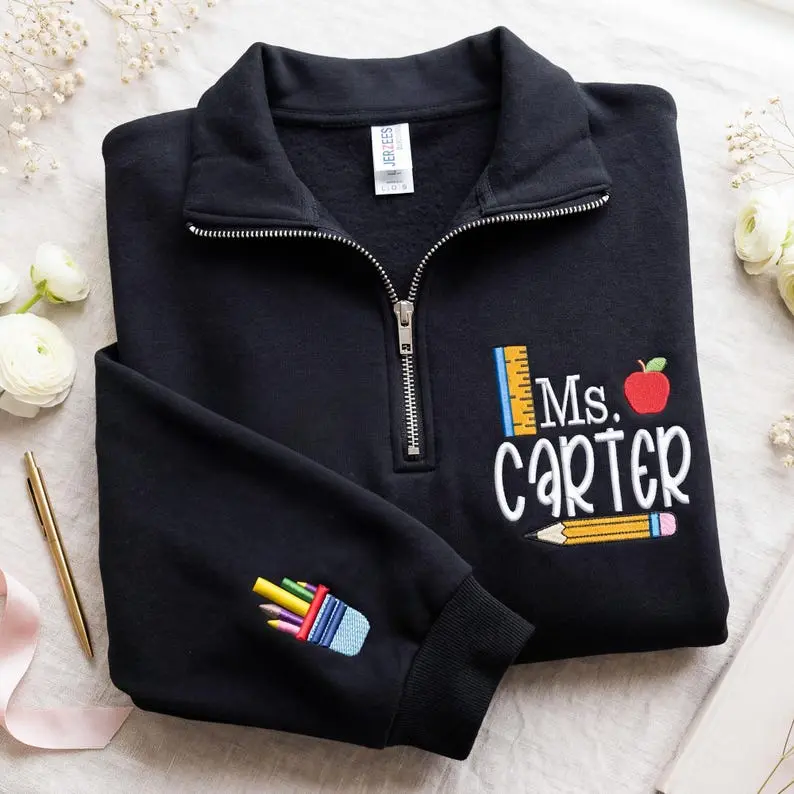 Personalized Teacher Quarter Zip Sweatshirt, Custom Embroidered Name Pullover, School Theme Teacher Crewneck, Cozy Teacher Appreciation Gift