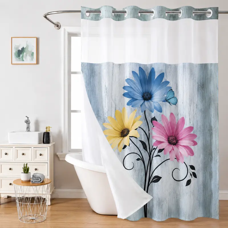 Colorful No Hooks Double-layer Shower Curtain, Daisy Printed Waterproof Fabric, Retro Country Style Home Decoration, Hotel, Dormitory and Bathroom Accessories, 72x75in