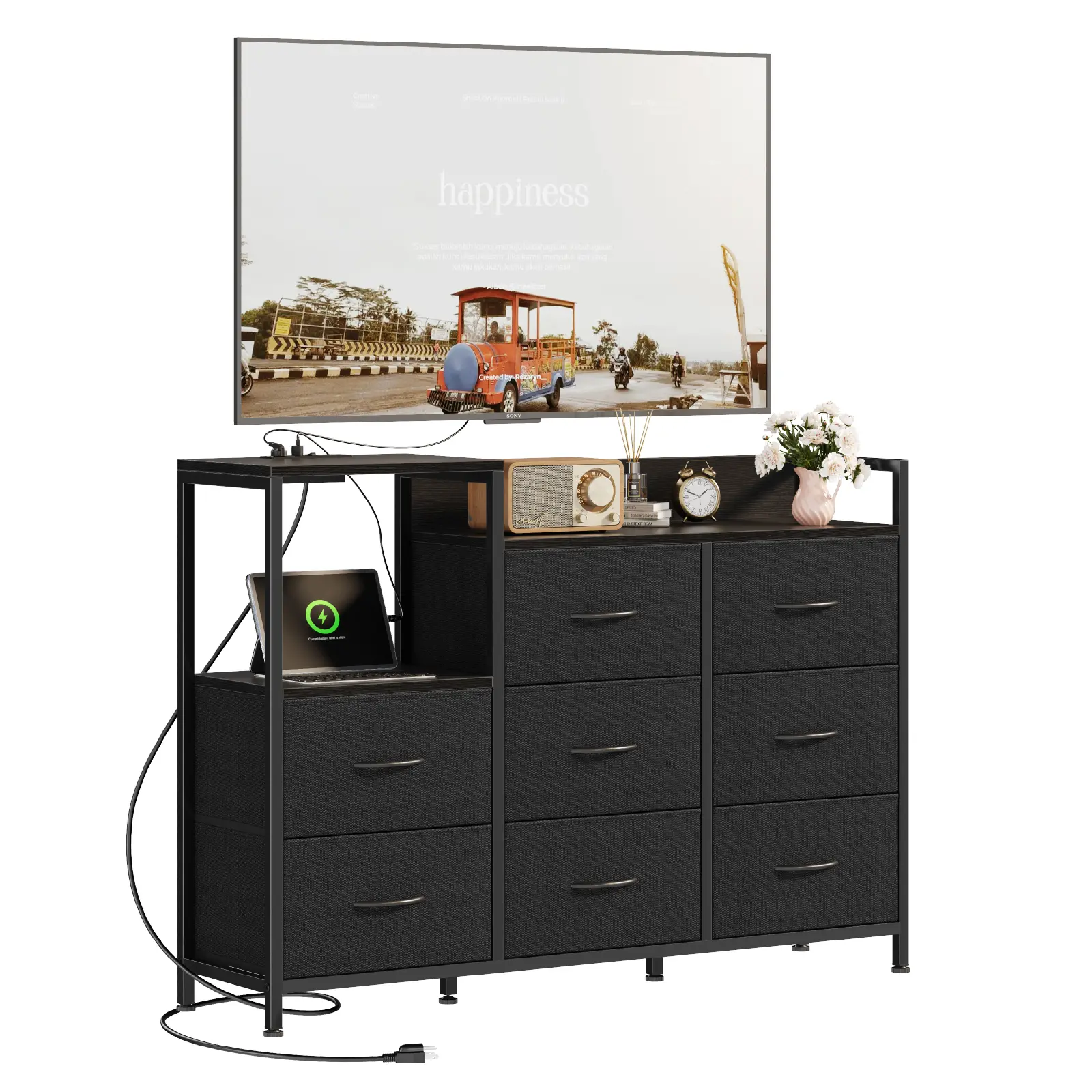 Sweetcrispy 8-Drawer Fabric Storage TV Console Table with Wooden Top, Open Shelves & Charging Ports, 45-in Entertainment Unit for Living Room, Commercial/Office Furniture