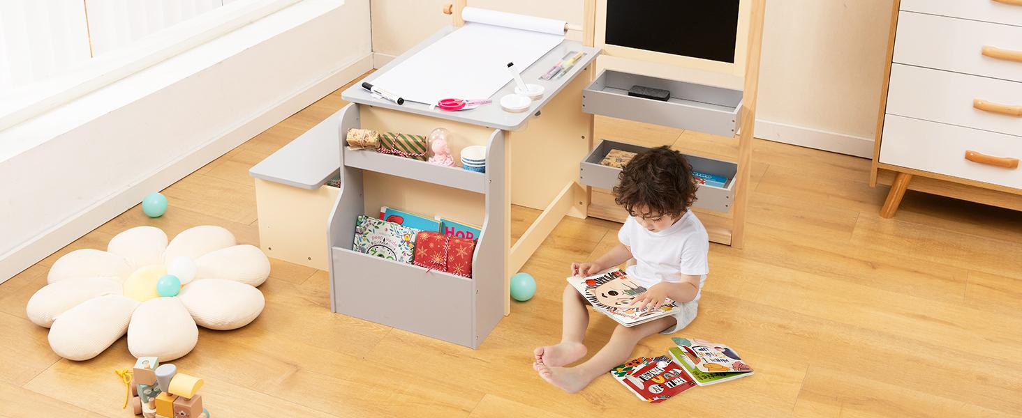 Costzon Easel for Kids, Wooden Art Center with Double-Sided Blackboard & Whiteboard, Paper Roll for Drawing, Crafts, Writing, Toddler Activity Table with Storage, Kids Table and Chair Set