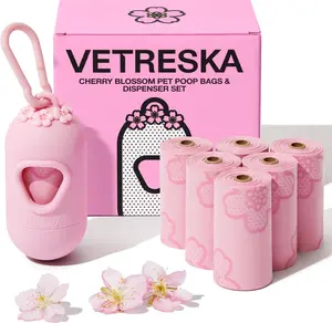 VETRESKA Dog Poop Bag Dispenser with 105 Cherry Blossom Scented, Leak-Proof & Extra Thick Bags – Pink for Dogs & Cats