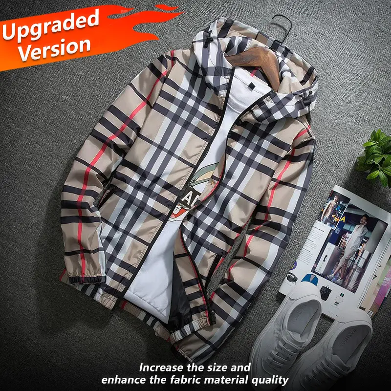 (Upgraded version) Men's lightweight hooded jacket, zip-up windbreaker, adjustable drawstring & color-block striped, spring and autumn fashion casual men's outerwear, customizable personalized jacket, stylish khaki plaid design sohochic