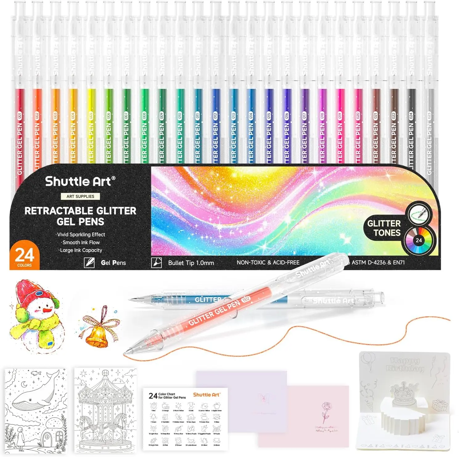 Shuttle Art Vivid Glitter Glow Gel Pens Set, 24 1.0mm Bold Point Retractable Colored Ink Pens & Refills for Adults, Scrapbook, School & Office Stationery Supplies,back to school,back to school haul