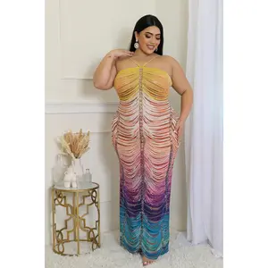 Nathalie Multi Color Rhinestone Mesh Plus Size Maxi Dress