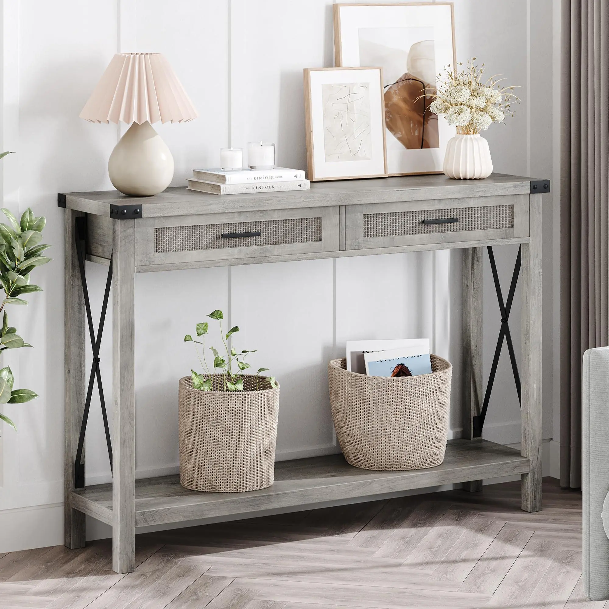 Farmhouse Entryway Table, Grey Console Table with Rattan Drawers, 43" Sofa Table with Storage, Console Tables for Entryway, Living Room, Hallway, Foyer-Grey