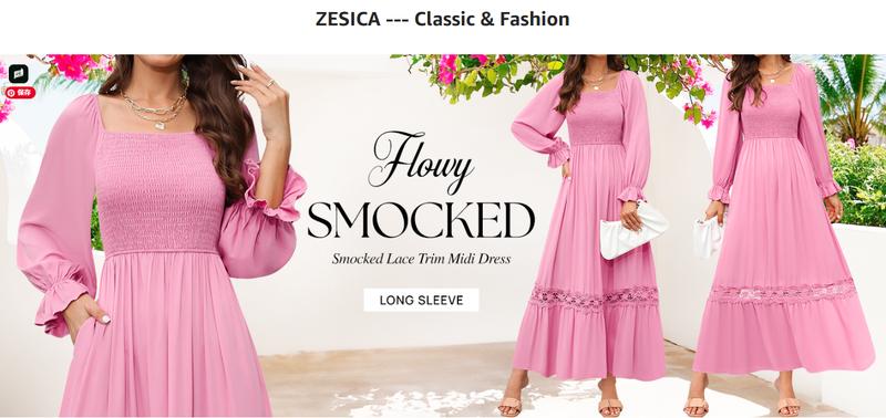 ZESICA Women's 2025 Boho Long Sleeve Square Neck Smocked High Waist Flowy A Line Lace Trim Maxi Dress