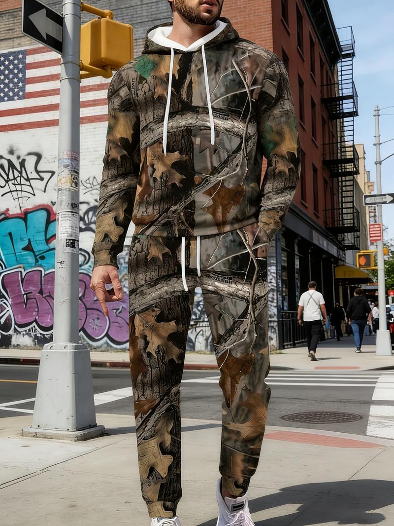Men's camouflage print hoodie and joggers set, made from casual polyester knit fabric with stretch