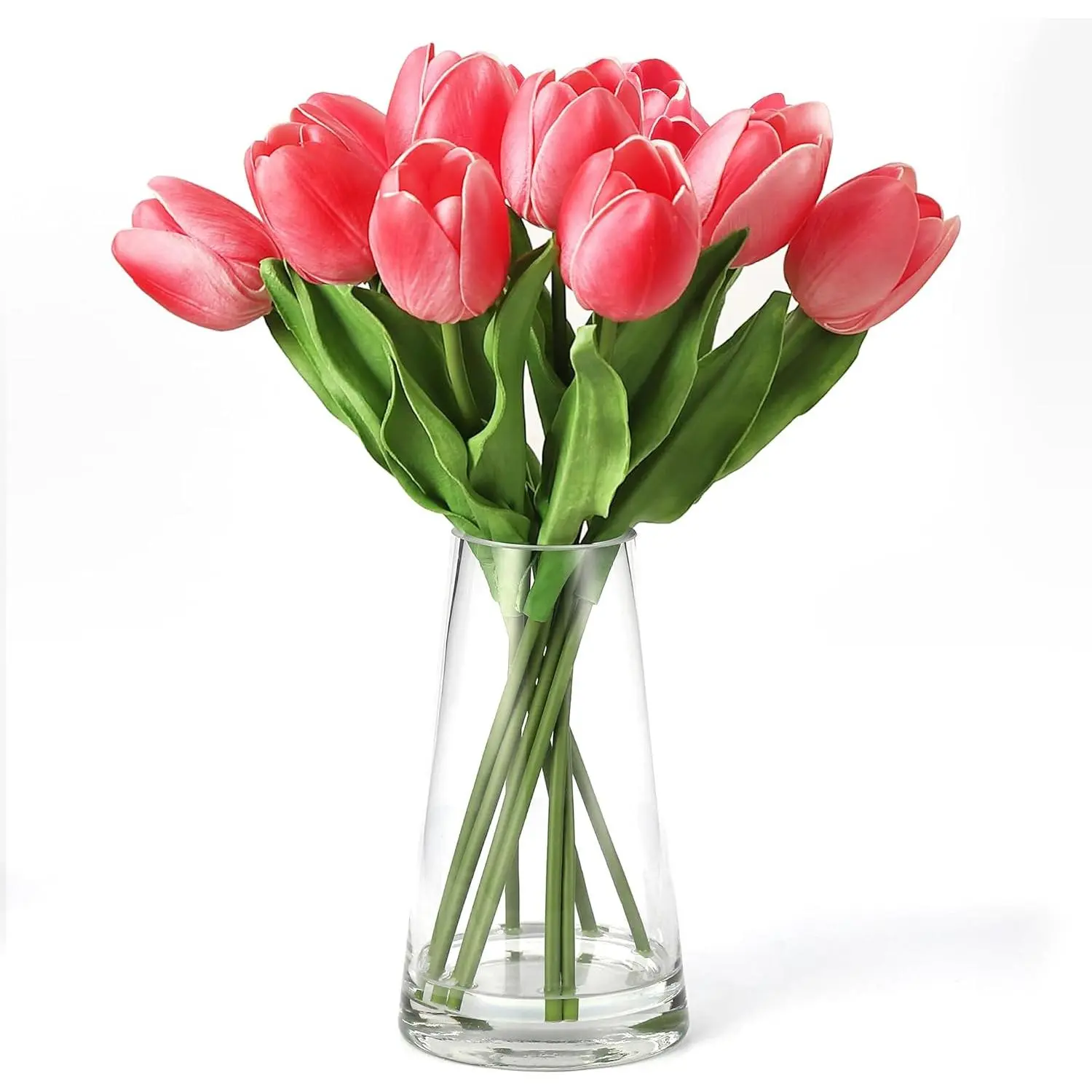 Premium Artificial Silk Tulip Flower Set - 10 Bendable-Stem Tulips, Glass Vase, Realistic Look, Indoor Furniture Accent, Mother's Day Gift, Home Decor Accessory with Leaves, Decorative
