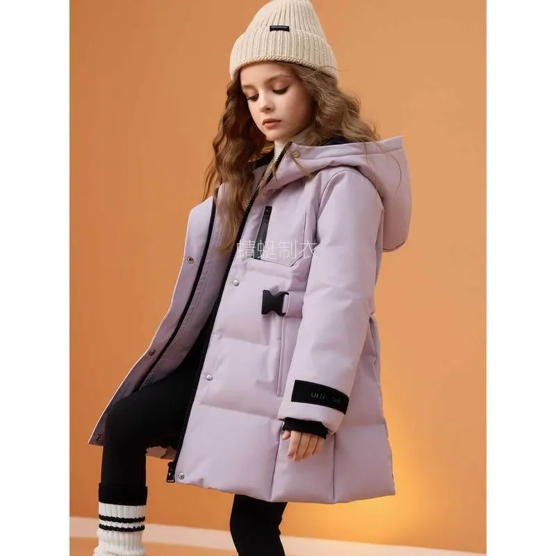 NewGirls' Thickened Winter Coat with Hood & Belt - Mid-Length Warm Jacket, Loose Fit Full-Zip Outerwear, Soft Pastel Purple, Insulation for Skiing, Winter Jacket For Girl, Winter Coat For Girl, Girl Winter Jacket, Girl Winter Coat, Girl Coat-HAN