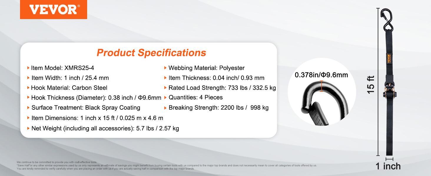 VEVOR Ratchet Tie Down Straps (4PK), 2200 lb Max Break Strength, Includes 4 Premium 1" x 15' Rachet Tie Downs with Padded Handles, for Moving Securing Cargo, Appliances, Lawn Equipment, Motorcycle