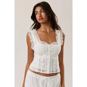 Le Lis: Sleeveless Square Neck Ruffle Top in White