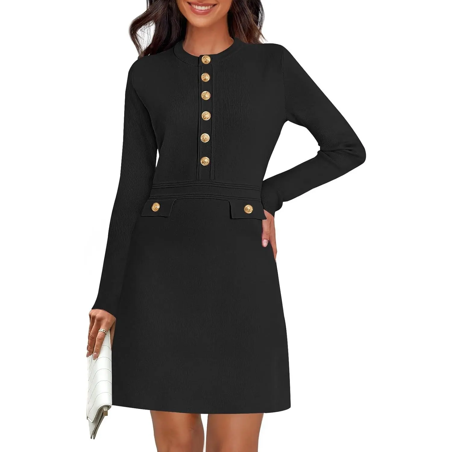 Women's Winter Formal Mini Dress 2025 Long Sleeve Bodycon Sweater Dress Button Crew Neck Elegant Office Work Party Attire