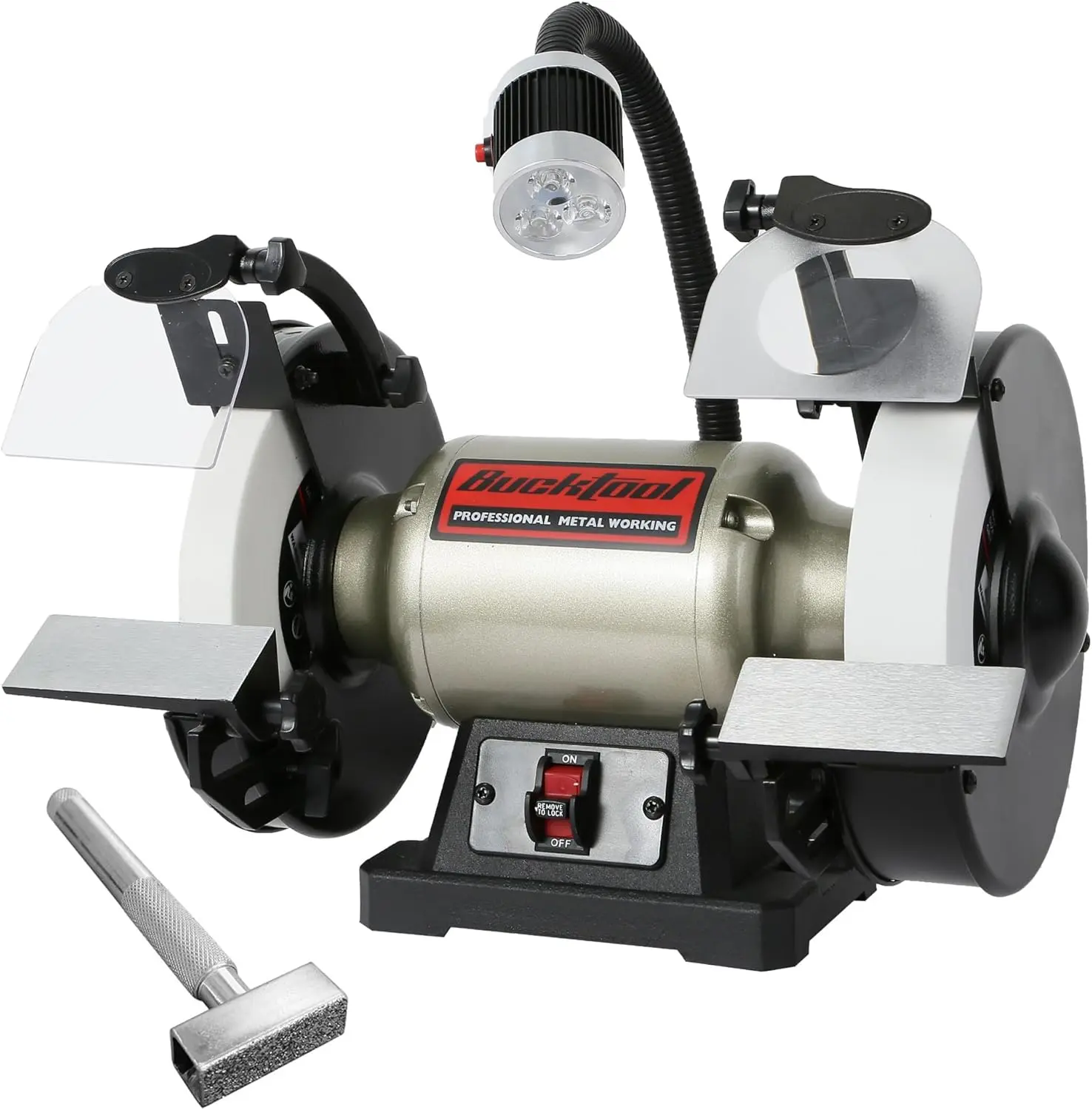 BUCKTOOL 8-in 3/4 HP Low-Speed Bench Grinder (1750 rpm) with CBN Wheel (120 Grit, CBN Wheel Compatibility), 120V, LED Light, Lightweight Design for Turners, Wobble-Free Performance, 16.73"l x 11.02"w x 14.17"h, Model TDS-200C4HL, None, Cast Iron
