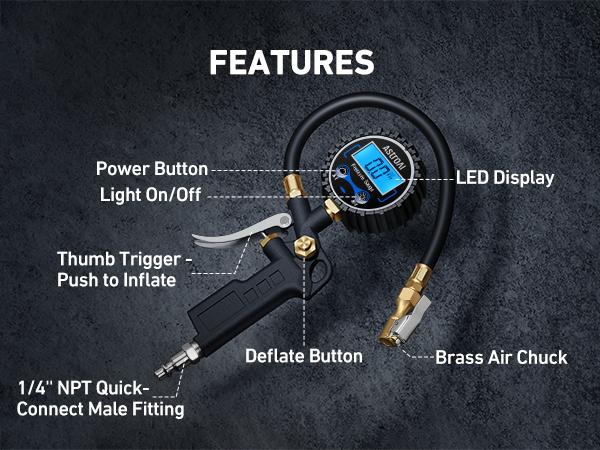 【Spring Glow Up】AstroAI Digital Tire Pressure Gauge with Inflator 250 PSI Air Chuck & Compressor Accessories Accuracy Measurement Durable Brass Components Automotive Vehicle Tool