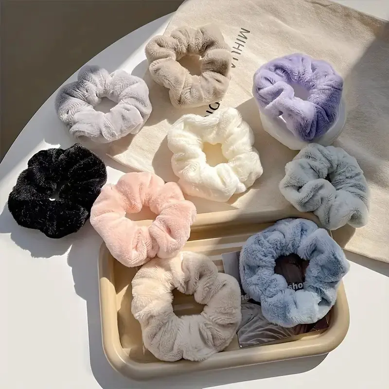 Female 9PCS Plush Scrunchies, Cute Minimalist Style Elastic Ties, Thick Soft Comfortable Solid-Color Ponytail Holders, Hair Accessories Set for Ages 14+