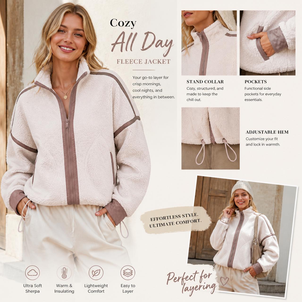 Design detail of Women's Fleece Jacket with a zip-front closure