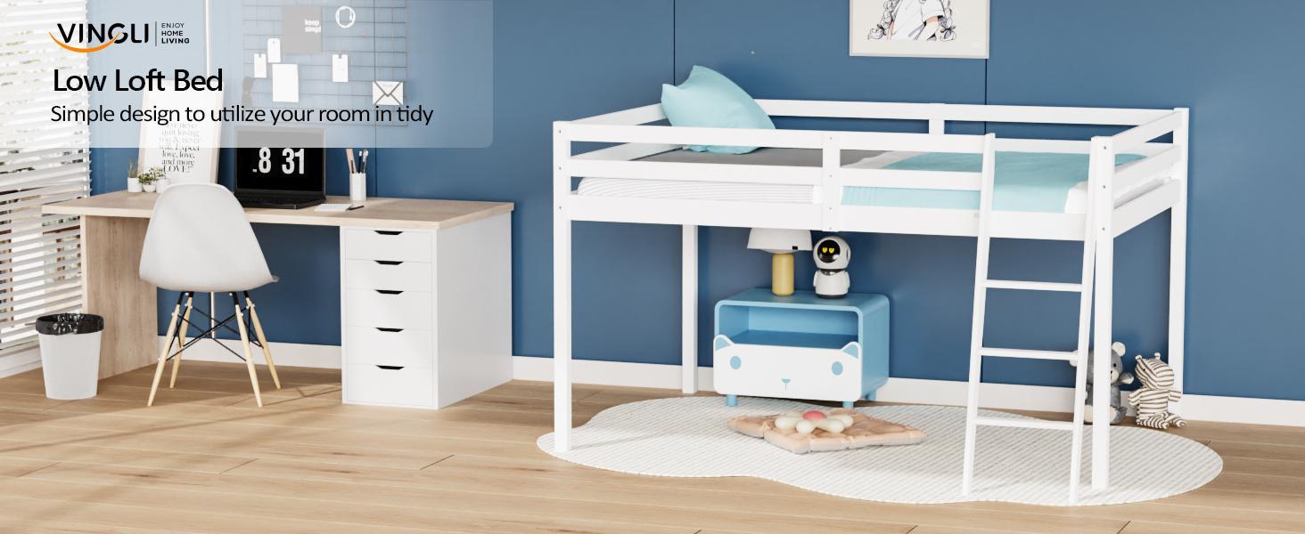 VINGLI 47'' Tall Junior Low Loft Bed with Stairs, White Wood Loft Bed Twin Size for Adults, Kids and Young Teens, No Box Spring Required,Wood Slat Support