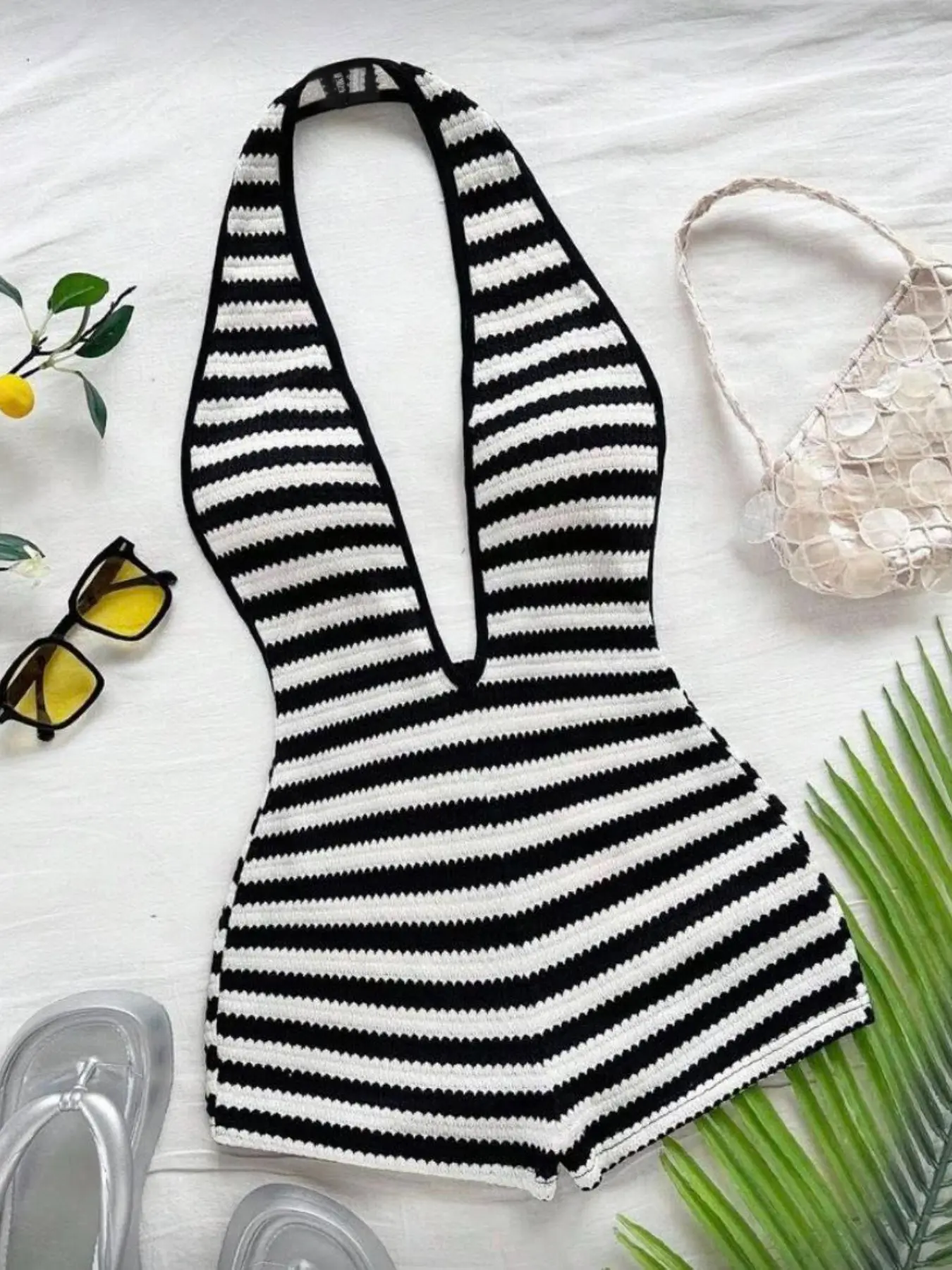 Women's New Fashion Comfortable Versatile Casual Deep V Neck Halter Striped Knit Chic Romper Vest Jumpsuit Shorts Set, Stylish All-Season Wear, Womenswear