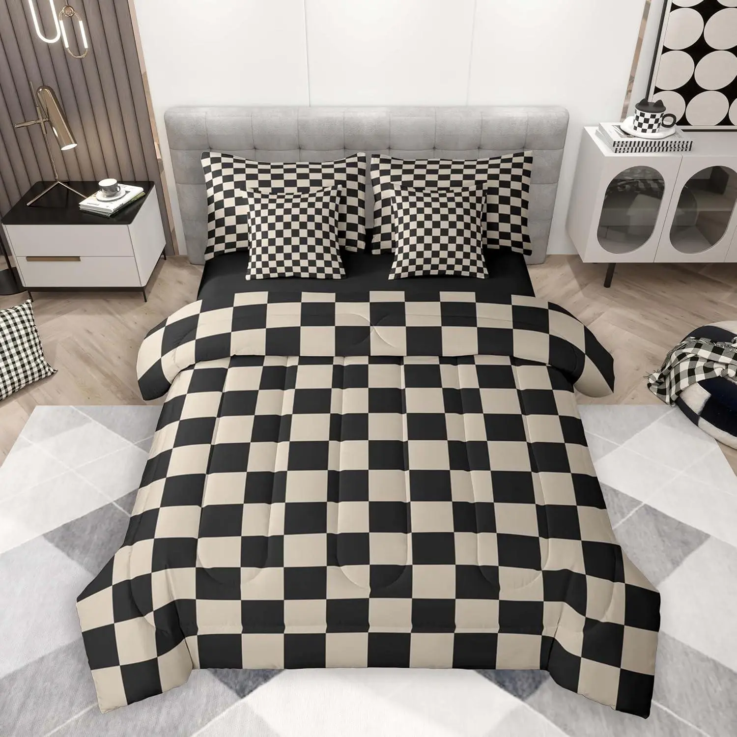 Black Plaid Comforter Set Geometric Grid 7 Piece Bedding and AdultsCheckered Bed in a Bag Bed Sheet Sets with Fitted Sheet Pillowcases for Bedroom Bed Decor
