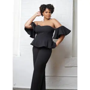 Black Open Shoulder Peplum Jumpsuit