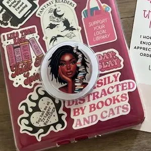 Spunky Black Girl Book Stack Phone Grip, Book Girl Pop Socket For Readers, Cute Phone Grip And Kindle Accessory