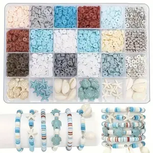 2400pcs Blue Clay Beads Set for Bracelets Making Ocean Style Vacation Turquoise Turtle Shells Starfish, Bracelet Making kit Flat Preppy Beads for Friendship Bracelets, Summer Sand Beads Kit