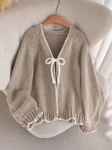 Women's Contrast Trim Knit Cardigan Sweater with Front Tie Loose Fit Long Sleeve V Neck Lightweight Chunky Knitwear Top Casual Black Feminine Autumn Everyday Chic Dress Vintage Womenswear Piece Basic Fitted Minimalist Vneck Knitting Dark Gray Stripe