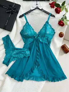 Women's Bow Decor Contrast Lace Cami Nightdress & Thong Set, Comfy Sexy Lingerie for All Seasons, Fashion Ladies Sleepwear & Homewear