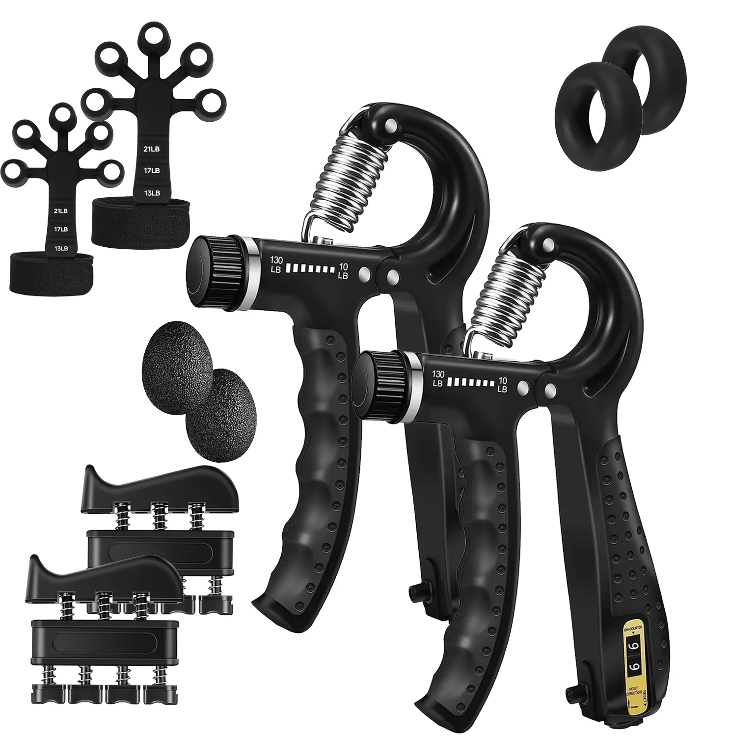 5-Piece Metal Workout Hand Gripper Strength Training Set - Adjustable-Resistance Hand Gripper (10-130 lbs), Finger Exerciser, Finger Stretcher, Stress Relief Ball, Forearm Training Ring for Home Simple Squeeze-And-Release Workouts