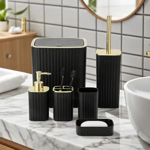ModernBathroom Accessories Set with Shower Curtain ,Spring Bucket Trash Can, ToiletBrush Holder, Soap Dispenser and More