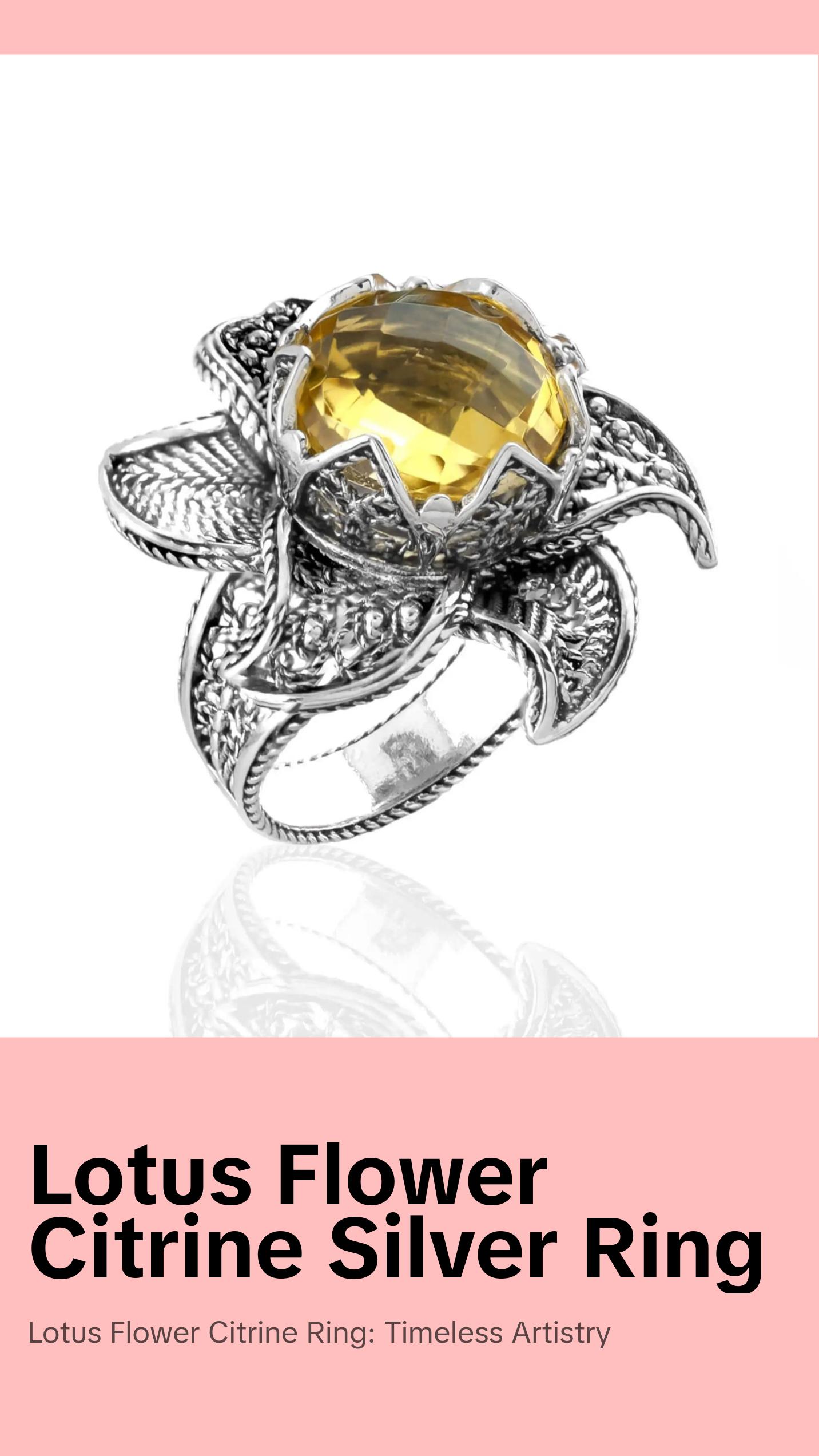 Lotus Flower Citrine Gemstone Women Silver Statement Ring