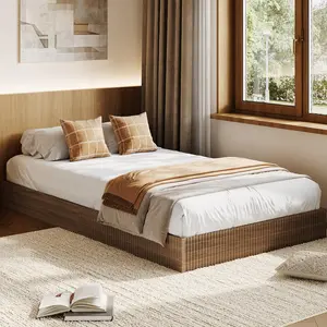 Wood Bed Frame, Wooden Platform Bed with Fluted Design, Twin XL Bed Frame with Study Support, Easy Assembly, No Box Spring Needed, Noise Free, Walnut