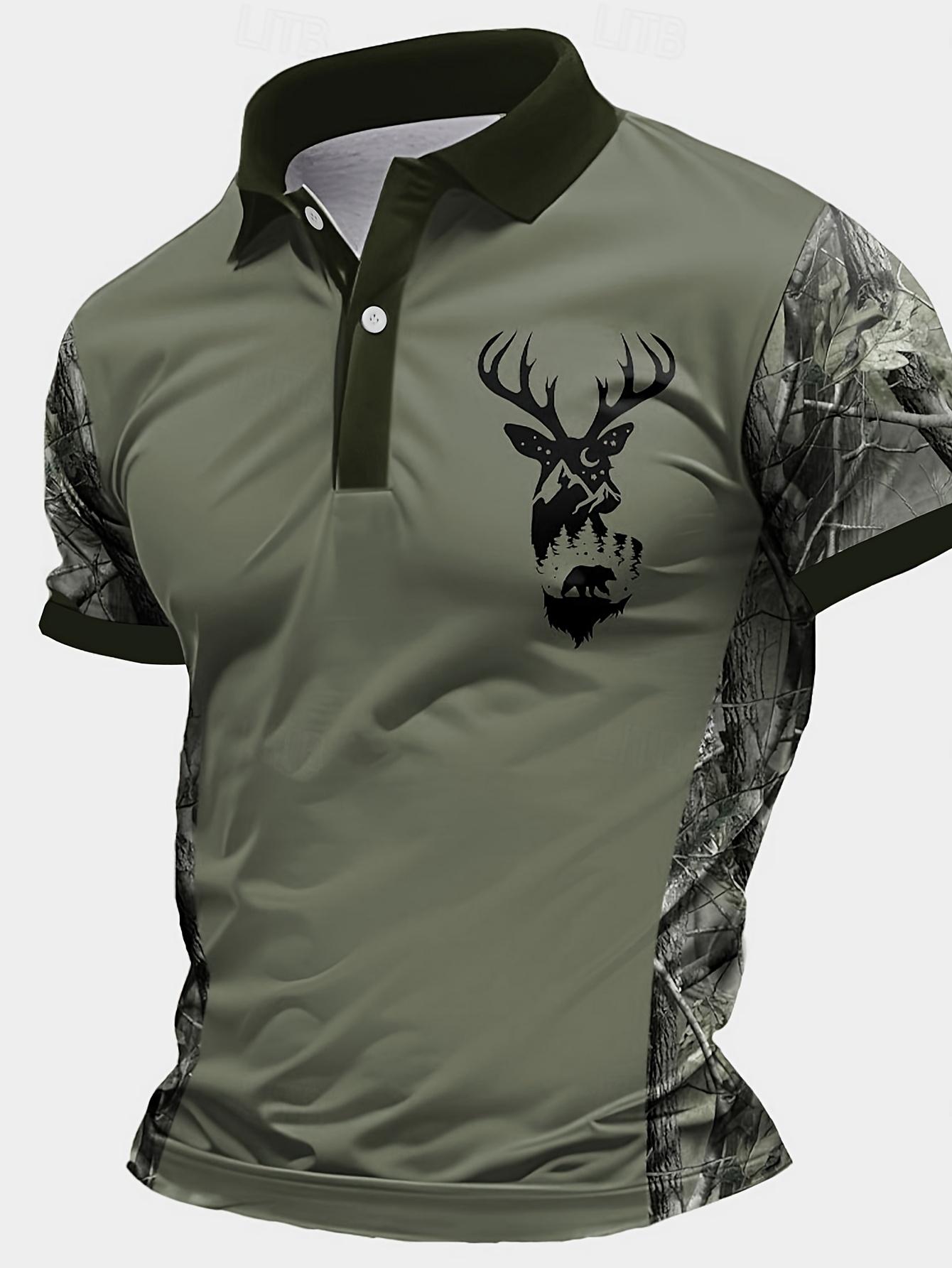 Men's Camouflage Quick Drying Shirt - Casual Outdoor Style, Deer Head Print, Short Sleeve, Button Neck, Summer Hunting and Hiking Clothing, Hiking Equipment Golf Polo Golf Apparel