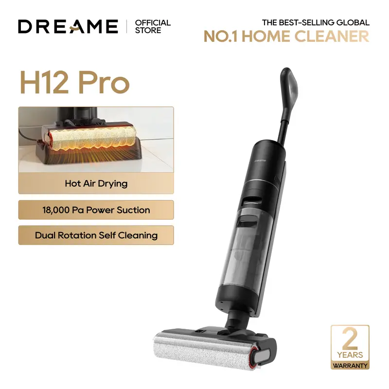 DREAME H12 PRO Wet Dry Vacuum Cleaner, Smart Floor Cleaner Cordless Vacuum and Mop for Hard Floors, One-Step Edge to Edge Cleaning with Hot Air Drying Black