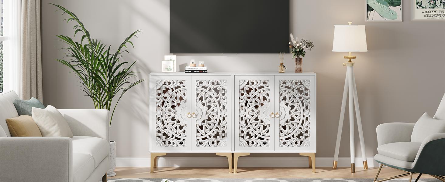 31.5" White Boho Accent Cabinet Mandala Carved Doors Gold Legs, Storage Sideboard Coffee Bar Cabinet for Living Dining Room Entryway