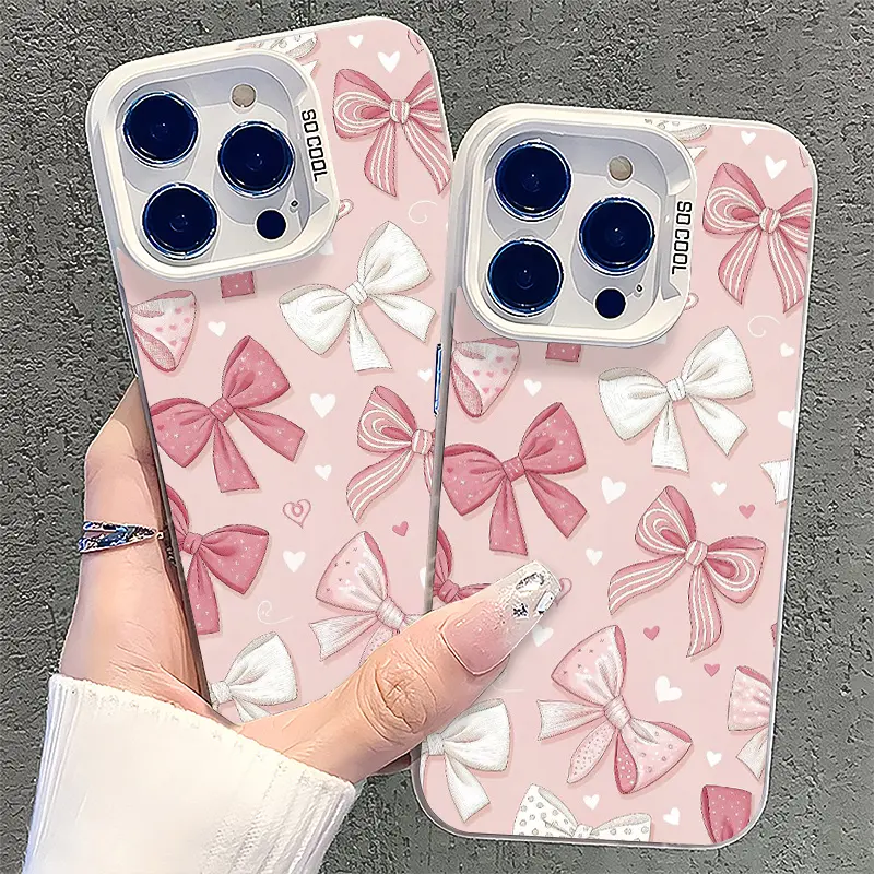 Cute and sweet pink full-screen bow pattern, anti-drop, non-slip TPU full-cover lens mobile phone protective case, for iPhone 17 16 15 14 13 12 11 PRO MAX PLUS,& Samsung Galaxy S26 S25 S24 S23 S22 Ultra, can be given as a gift to friends or family, Access