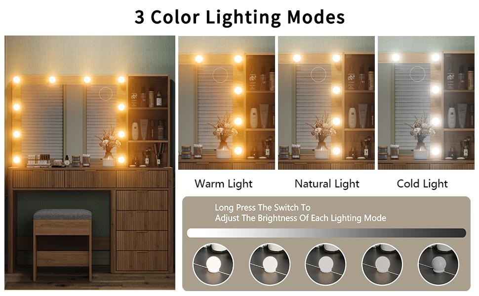 FUSOU 47'' W Fluted Vanity Desk, Makeup Vanity with Power Oultlet, 7 Drawers Vanity with 10 LED Lights and Mirror, 3 Lighting Modes Adjustable, Glass Top, Vanity with Chair for Bedroom, Natural