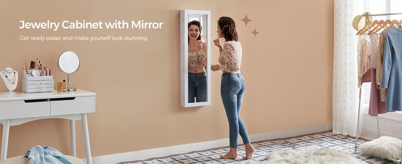 SONGMICS 6 LEDs Mirror Jewelry Cabinet, 47.2-Inch Tall Lockable Wall or Door Mounted Jewelry Armoire Organizer with Mirror, 2 Drawers, Christmas Gift