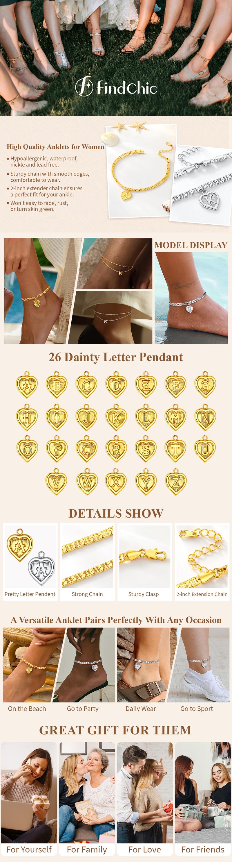 FindChic Initial Heart Charm Anklet with 26 Letters Golden Cute Ankle Bracelet Mariner Chain Graduation BFF Gift Summer Beach Jewelry For Women Girlfriend