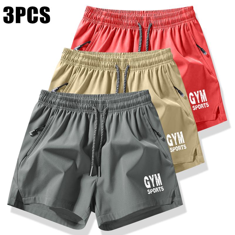 Men's 3-Pack Solid Color Drawstring Pocket Shorts, Summer Casual Quick-Dry Elastic Waist Drawstring Shorts with Zippered Pockets, Durable Comfort for Gym and Outdoor Leisure Activities Breathable Drawstring Jogger Shorts Zipper Athletic Shorts quick-dry c