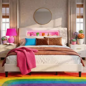 【882Lbs Capacity】King/Queen/Full Size Bed Frame with Ergonomic Storage Headboard, Upholstered Bed Frame with LED Lights & Charging Station, Unique Open-Design, NO Noise, Sturdy Construction & Easy Assembly, No Box Spring Needed,Beige