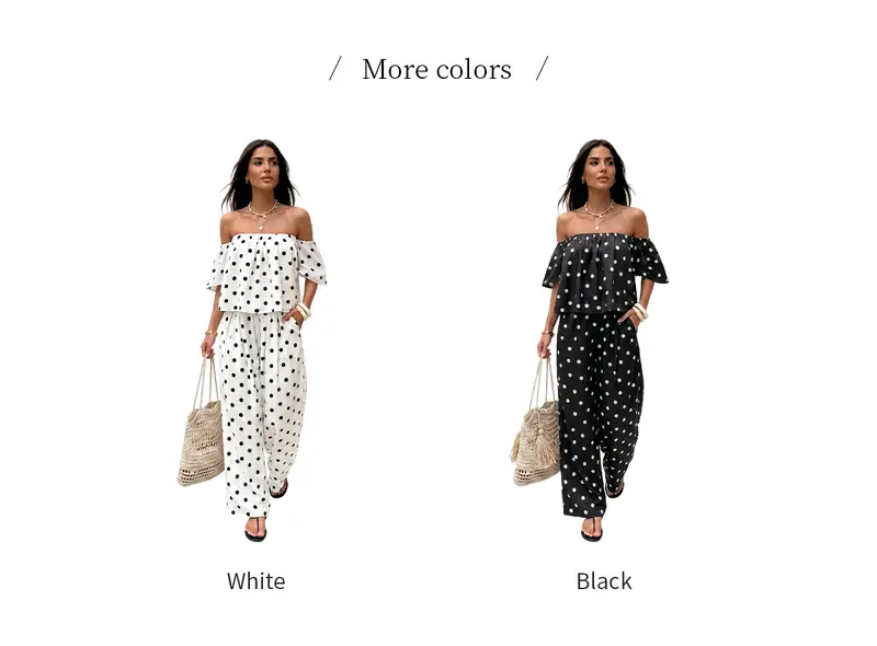 Chicovar Women's Polka Dot Off Shoulder 2 Piece Set, Puff Sleeves Cropped Top, High Waist Wide Leg Pants with Pockets, Lined, Slimming, Casual, Date, Beach Vacation Outfit Sets, Lounge Sets, Summervibes,sohochic