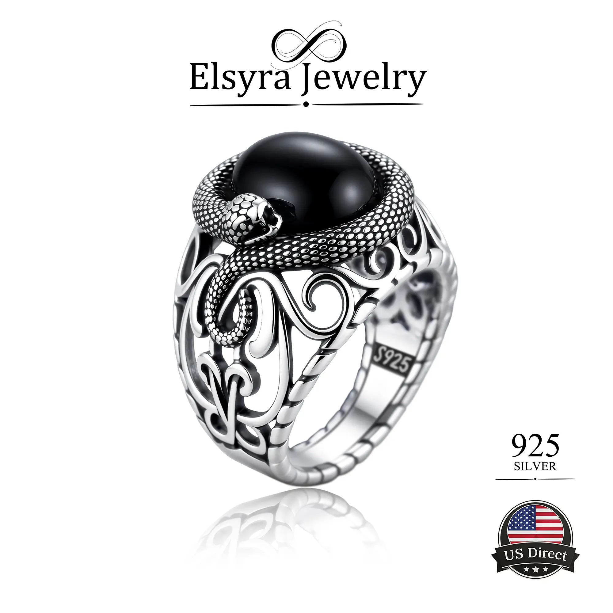 ELSYRA S925 Sterling Silver Black Onyx Snake Ring - Vintage Gothic Serpent Statement Ring, Punk Biker Jewelry for Women & Men, Dark Aesthetic Gift
