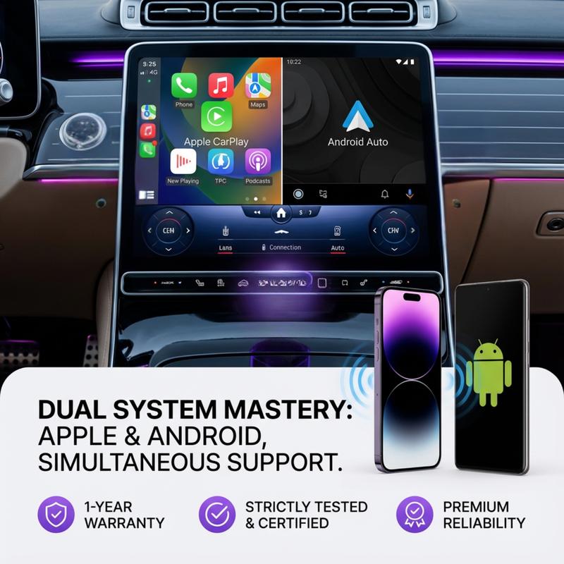 2in1 2026 Wireless CarPlay Adapter Receiver + Android Auto - Compact 21mm mini size , Quick Pairing, Plug & Play, Stable Navigation/Music/Calls, usb -A & USB-C design android-fast connection