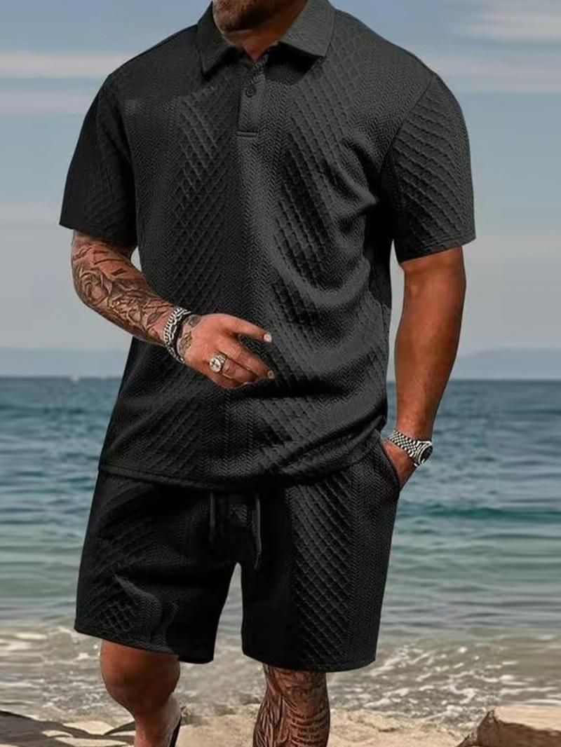 Men's summer casual texture fabric solid color polo shirt T-shirt shorts 2-piece set, loose fit suitable for casual sports, breathable and cool, essential summer outfit, comfortable and versatile Menswear Plain Men's summer casual texture fabric solid color polo shirt T-shirt shorts 2-piece set, loose fit suitable for casual sports, breathable and cool, essential summer outfit, comfortable and versatile Menswear Plain
