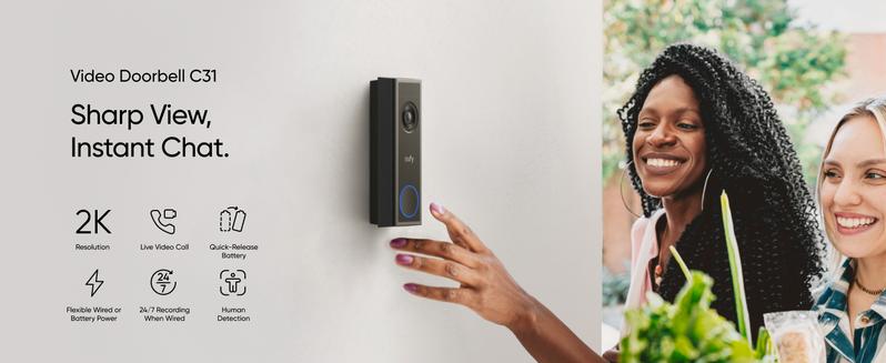 eufy Video Doorbell Camera C31, 2K FHD Battery or Hardwire Powered, Ring Doorbell Camera, Easy to Install, Quick-Release Battery, Live Video Call, 24/7 Recording, Human & Motion Detection, No Monthly Fee｜Spingtok