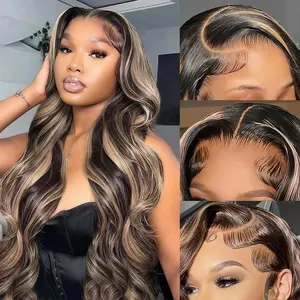 LEFGODY Hair 1B/27 Highlight Body Wave Lace Front Wigs 13x6  Glueless HD Transparent Lace Frontal Wigs for Women Honey Blonde Ombre Lace Front Wig Human Hair Body Wave 180% Density tiktokshopspringglowup,summervibes