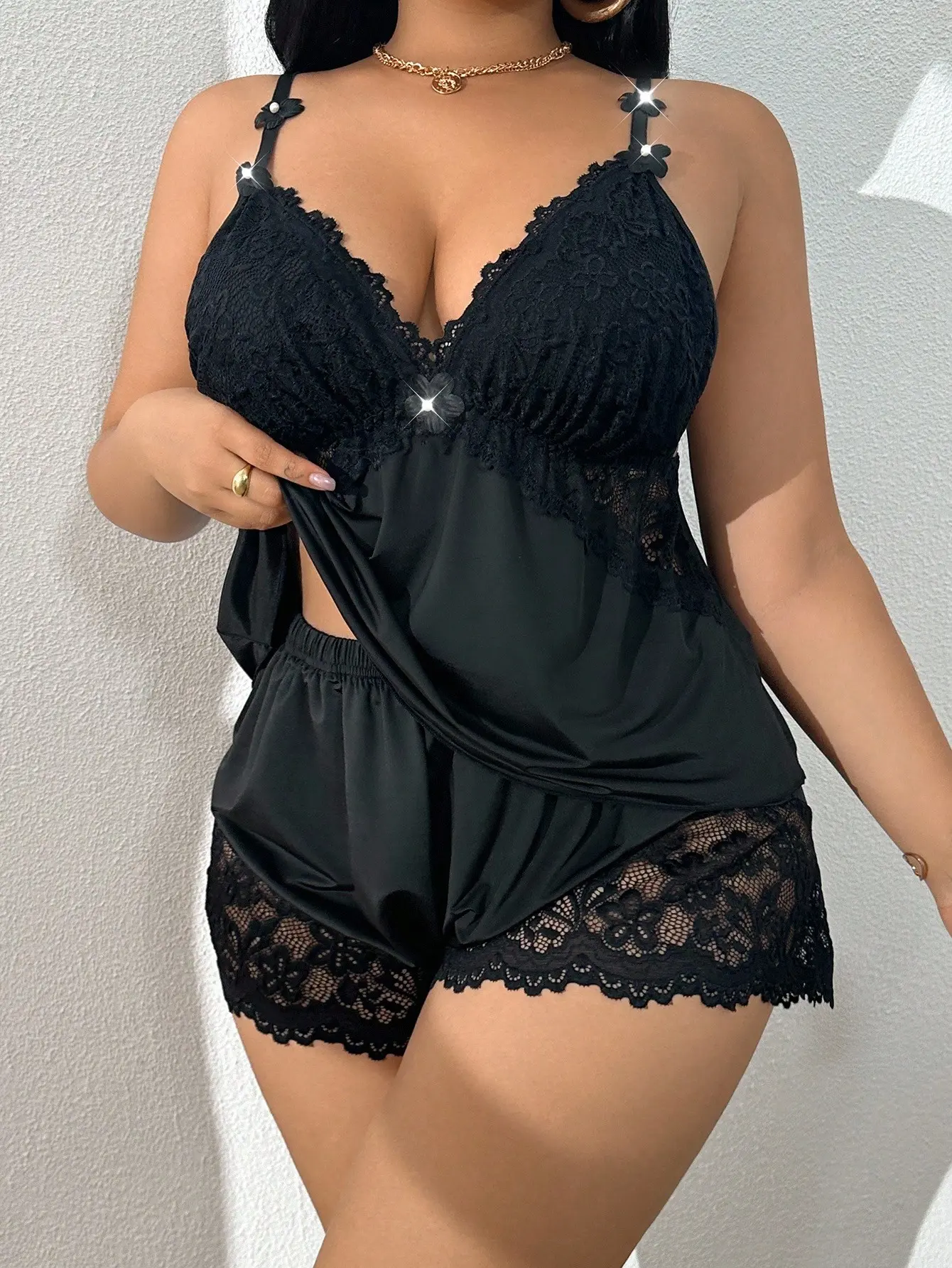 Plus Size Women's Lacy Floral Pajama Set - Sexy Sleeveless Fitted Sleepwear, Curvy Confidence Cute Loungewear for All-Season Comfortable Home Use, Plussize, Basic, Comfy Sets, Everyday, Fabric, Cute Loungewear Sets